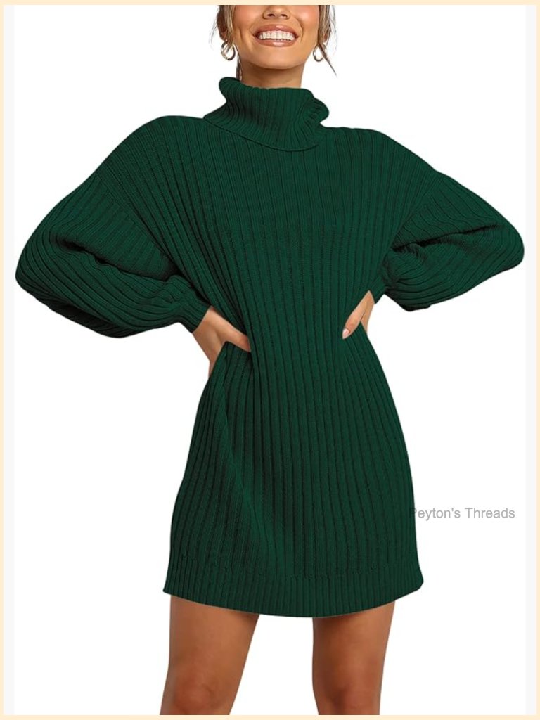 Oversized Turtleneck Sweater Dress Batwing Long Sleeve Ribbed Knit Loose Casual